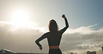 Workout, city and back of woman celebrate victory, running freedom or urban fitness goals, challenge or cheers for success. Winner applause, victory energy and outdoor runner excited for sports pride