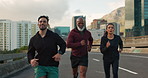 Group, city and people with fitness, running and energy with cardio, support and exercise. Outdoor, men and woman with motivation, workout or training with sports, wellness and healthy with challenge