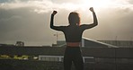 Fitness, city and back of woman celebration for cardio time, running success or workout goals, target or achievement. Morning wellness, watch check and excited runner, athlete and celebrate training