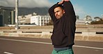 Man, outdoors and stretching arms for fitness, exercise and performance in workout, health and goals. Brazilian runner, motivated and training in sportswear, city and wellness to cool down in morning