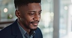 Thinking, reading and businessman on a computer in the office doing legal research for a case. Technology, ideas and professional African male attorney working on a law project in modern workplace.