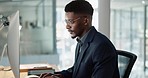 Businessman, reading and thinking of report on computer in office with a smile for email, feedback or communication. Analysis, online and black man working with research, inspiration or ideas 