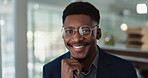 Face, young businessman and glasses in office with confident and positive attitude for startup at work. Employee, professional and portrait of entrepreneur and happy or ready for career in accounting