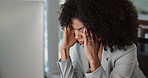 Business, headache and woman with pain at work of stress, fatigue or anxiety in office or desk. Professional, person and massage head with ache from overwork, mental health or tired at workplace