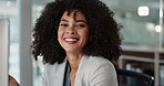 Professional face, happiness and office woman, consultant or accountant with career smile, job experience or pride. Corporate portrait, administration employee and laughing person for accounting work