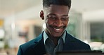 Business, smile and black man with a tablet, employee and website information with connection. African person, consultant and entrepreneur with technology, internet and social media with digital app