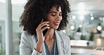 Phone call, documents and a happy business black woman in the office for communication or negotiation. Smile, contact and discussion with a young female employee talking on her mobile for networking