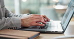 Business person, hands typing and laptop for website marketing, copywriting or editing online newsletter. Professional writer or editor working on computer for company FAQ, email or information