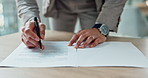 Business, hands and writing signature on contract or legal documents for application or agreement in office. Pen, closeup and person reading paperwork, work policy or form in workplace or company