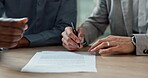 Business, hands and client writing signature on contract or legal documents for application or agreement in office. Pen, closeup and person explain paperwork, policy or form in workplace or company