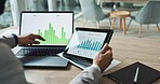 Hands, laptop and chart with tablet for business man, analysis or check progress of economy, investment or profit. Financial agent, pc and reading graph for data on fintech app, growth and numbers