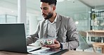 Man, eating and laptop at desk, typing and office with salad, technology and working in lunch. Business person, email and report or deadline, internet and agenda for corporate, documents and overtime