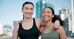 Fitness, friends and sport women relax after gym, portrait and smile outdoor in city for training workout and exercise. Wellness, people and happiness for healthy mindset and body with embrace or hug