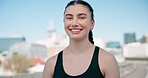 Fitness, smile and face of woman in the city ready for race, marathon or competition training. Happy, sports and portrait of young female athlete with positive attitude for cardio workout in town.