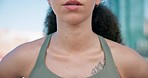 Girl, mouth breathing or runner in city for a marathon race, fitness health or sports exercise. Closeup, oxygen or lips of a tired woman athlete ready to start running, training or outdoor workout