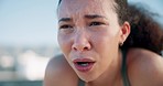 Fitness, breathe and young woman in the city for race, marathon or competition training. Sports, rest and female athlete runner from Mexico sweating on a break for cardio running workout in town.