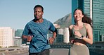 Fitness, face or couple running in city on road for exercise, training or outdoor workout together. Diversity, runners or healthy athletes on street for sports endurance, wellness or cardio challenge