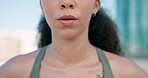 Woman, mouth breathing or runner in city for a marathon race, fitness health or sports exercise. Closeup, oxygen or lips of a tired girl athlete ready to start challenge, training or outdoor workout