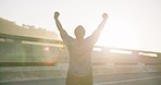 Black man, fitness and fist pump with sunset in celebration for workout achievement, winning or exercise in city. Rear view of African male person in sports victory, training or weight loss goals