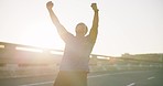 Runner, lens flare, and exercise for marathon, target and motivation for sport with competition. Black athlete, celebration and fist pump for success in running, achievement and freedom by fitness