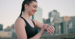 Outdoor, fitness and happy woman check smart watch with time, results or measure workout, training and cardio health stats. Reading, stopwatch or person in city with technology for wellness and sport