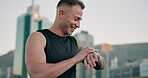 Outdoor, fitness and happy man check smart watch with time, results or measure workout, training and cardio health stats. Reading, stopwatch or person in city with technology for wellness and sport