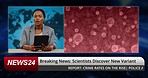 Television news, woman and covid on broadcast, report or information on virus variant in pandemic. TV show studio, African presenter face and tablet for corona bacteria, headlines or medical review