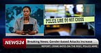 Breaking news, woman and broadcast in tv studio for gender violence, attack and crime report. Television show, African presenter face and tablet for justice, information and review for human rights