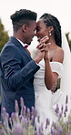 Couple, marriage and dancing at wedding in garden for celebration, happy or smile. Black people, commitment and 
romance or together for special day in love with groom, dress or outdoor for union