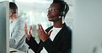 Business man, office call center and computer for communication, customer support or virtual advice. Professional African consultant talking and helping with e commerce FAQ, solution or information 