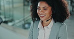 Business woman, call center and online communication, customer support and happy virtual discussion in office. African consultant laughing in telemarketing, sales chat and helping on desktop computer