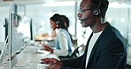 Business man, call center and typing on computer for communication, customer support and virtual solution in office. African consultant speaking, advice and feedback, e commerce registration or help