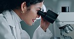 Medical, research and woman with microscope, healthcare and check sample with experiment, vaccination and particles. Person, scientist and researcher with laboratory equipment, dna test and chemistry