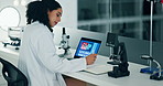 Scientist, computer screen and writing medical notes, laboratory research and particles or bacteria results. Science woman or student with notebook, studying on laptop and healthcare report at night