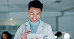 Scientist, man and tablet for laboratory research, data analysis and reading results or online vaccine report. Doctor, science student or medical expert on digital technology for healthcare at night