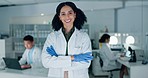 Science, portrait and woman with confidence in laboratory, pharmaceutical research in biotech job and smile. Medical study, innovation or vaccine development, happy scientist with arms crossed in lab