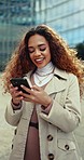 Business woman, city and phone with social media scroll and networking on road with smile. Happy, urban and female professional with mobile text and laughing at funny meme on work commute and travel