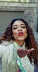 Woman influencer, kiss or online selfie in city for social media, fashion or content creator. Black female vlog, peace sign or video call for beauty or talking outside in street, portrait or internet