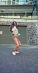 Dance, creative and woman in city with energy, freedom and happiness with music in urban town. Fashion, hip hop and portrait of person in trendy, streetwear clothes for art, talent and performance