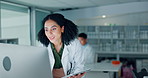 Medical, research and woman scientist with tablet and computer for online or internet results of a science project. Information, search and professional in a laboratory with technology planning