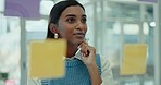 Thinking, glass and business woman with notes for planning, marketing project and solution in office. Creative agency, productivity and worker with sticky note for schedule, ideas and brainstorming