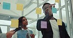 Notes, teamwork and business people by glass for discussion, schedule and meeting in office. Collaboration, creative agency and men and women with sticky note for agenda, ideas and brainstorming