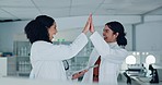 Scientist, teamwork and high five on tablet for research success, medical achievement and test results or goals. Science mentor, student or women in laboratory with wow, well done and hands together
