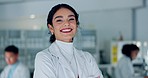 Science, portrait and happy woman with confidence in laboratory, pharmaceutical research in biotech job and smile. Medical study, innovation or vaccine development, scientist with arms crossed in lab