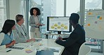 Presentation screen, business people meeting and woman report data, brand info and mentor coaching team. Monitor, speaker and leader speech on customer experience, sales feedback or market research
