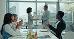 Prize, happy woman or business team celebrate, applause or praise employee success, reward or promotion. Certificate trophy winner, motivation or agent congratulations for winning realtor competition