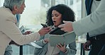 Woman, business and stress with multitasking, anxiety and overworked with audit, pressure and depression. Team, person and leader with coworkers, workflow crisis or mental health with burnout or tech