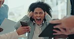 Business, chaos and woman screaming in office with multitasking, fail or deadline, compliance or pressure. Overwhelmed, shouting and female manager with anxiety, burnout or mental health crisis