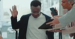Business, chaos and black man with headache, stress or overwhelmed, compliance or deadline. Multitasking, fail and manager with anxiety, burnout or mental health crisis from team, pressure or demand