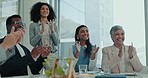 Business people, team and applause for celebration, meeting or success at investment agency. Group, winning and happy crowd for profit, bonus and revenue on stock market, trading and financial goals